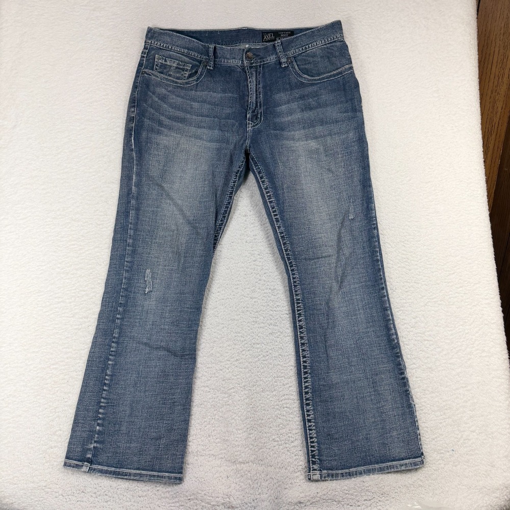 TK Axel Vintage Boot Jeans Mens 38x32 (39x29) Blue Denim Flap Pocket Embroidered